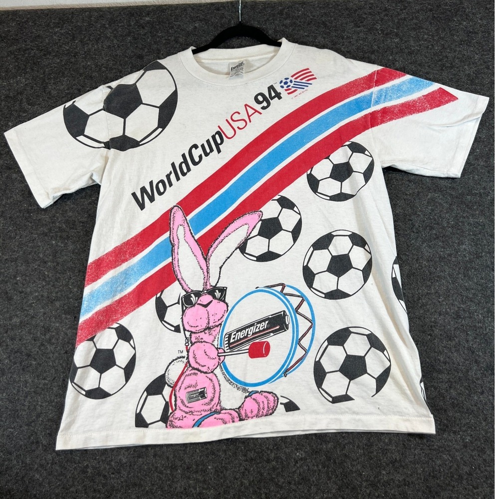 Vintage 90s World Cup USA 94 Energizer Bunny AOP T-Shirt White Mens OSFA Tee